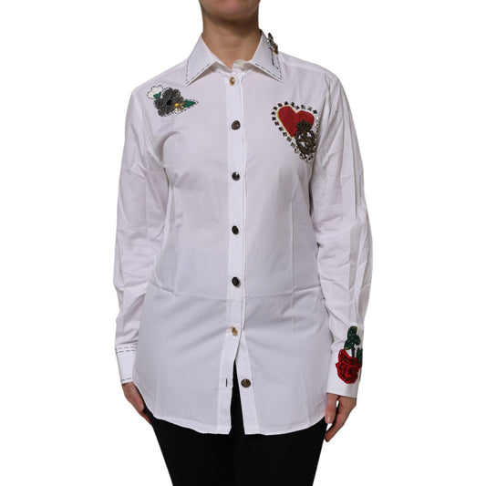 Dolce & Gabbana White Cotton Floral Embellished Shirt Top
