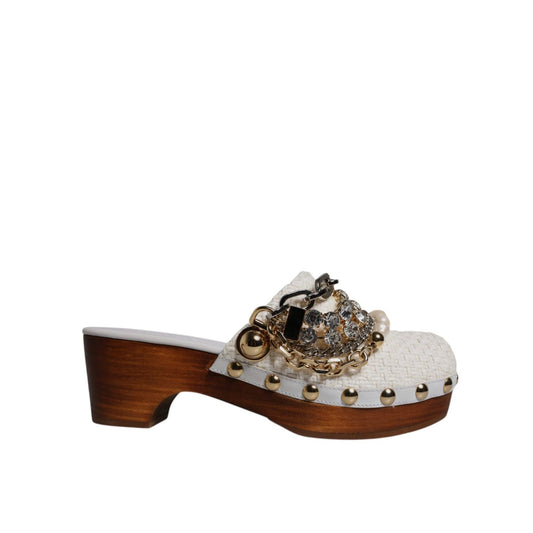 Dolce & Gabbana White Raffia Clogs Bejeweled Chain Sandals Shoes