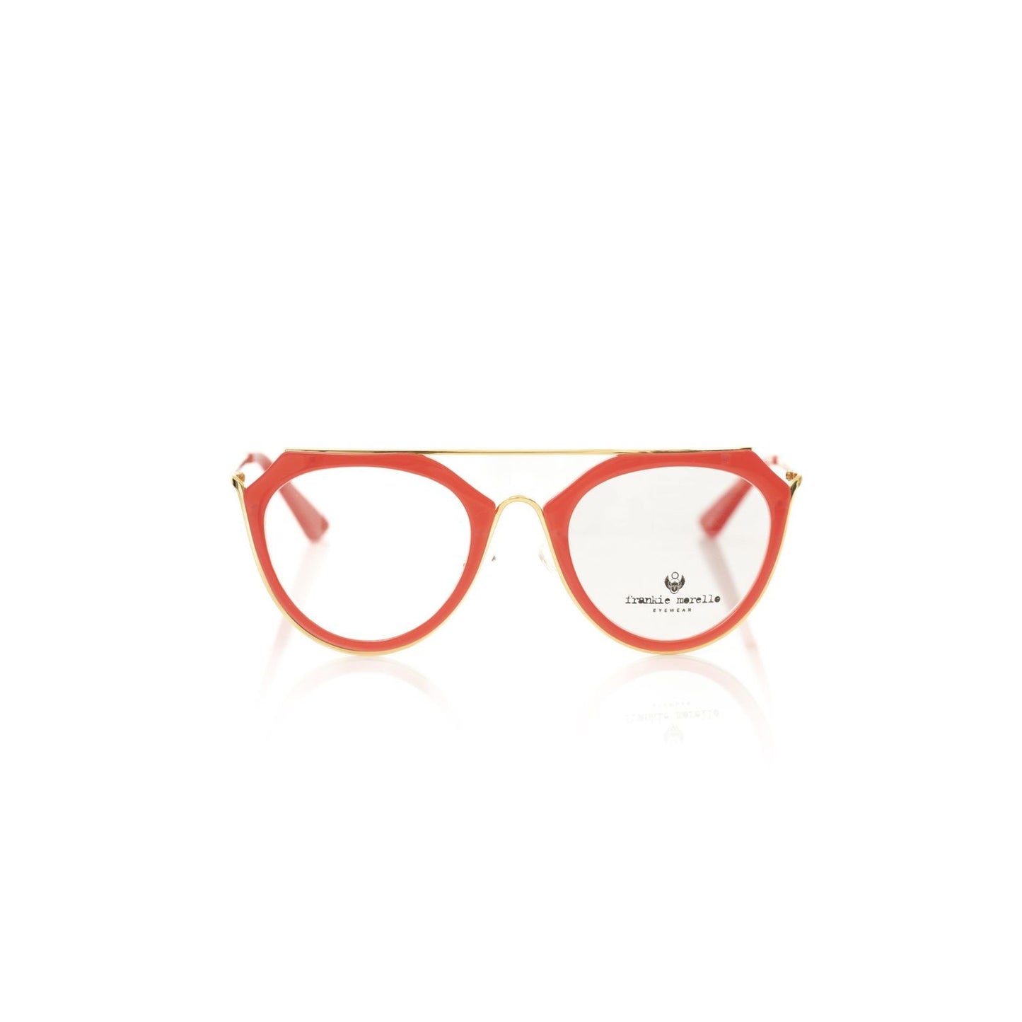 Frankie Morello Red Acetate Women Frame eyeglasses with coral profile and metallic accents, crafted for style and durability.