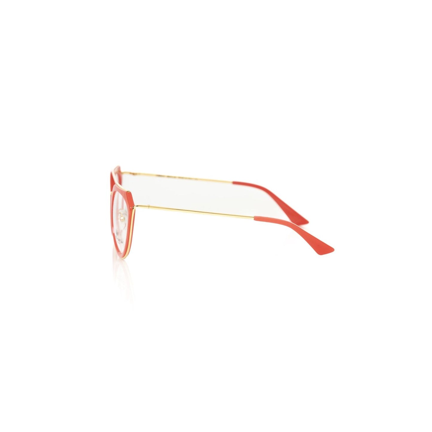 Side view of Frankie Morello Red Acetate Women Frame with coral profile and metallic accents, crafted in Italy.