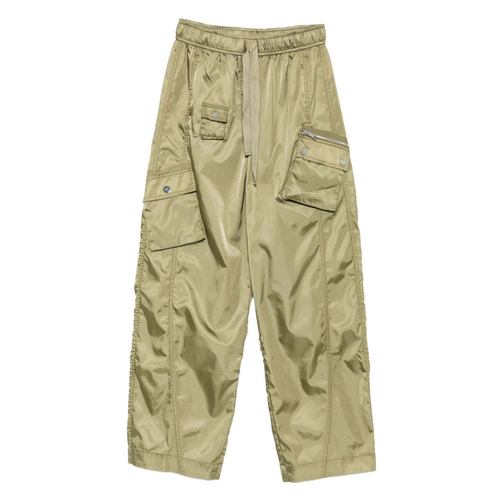 GANNI Trousers Green, sage green nylon cargo pants with drawstring waistband, seam detailing, and multiple pockets.