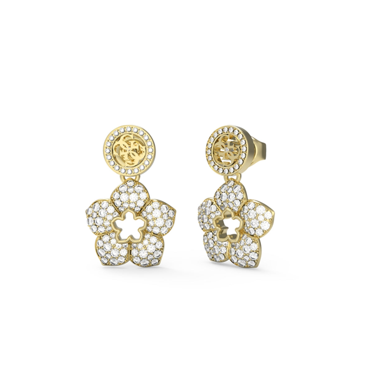 Gold floral earrings from GUESS JEWELS JEWELRY Mod. JUBE04471JWYGT-U collection with intricate detailing and sparkling accents.