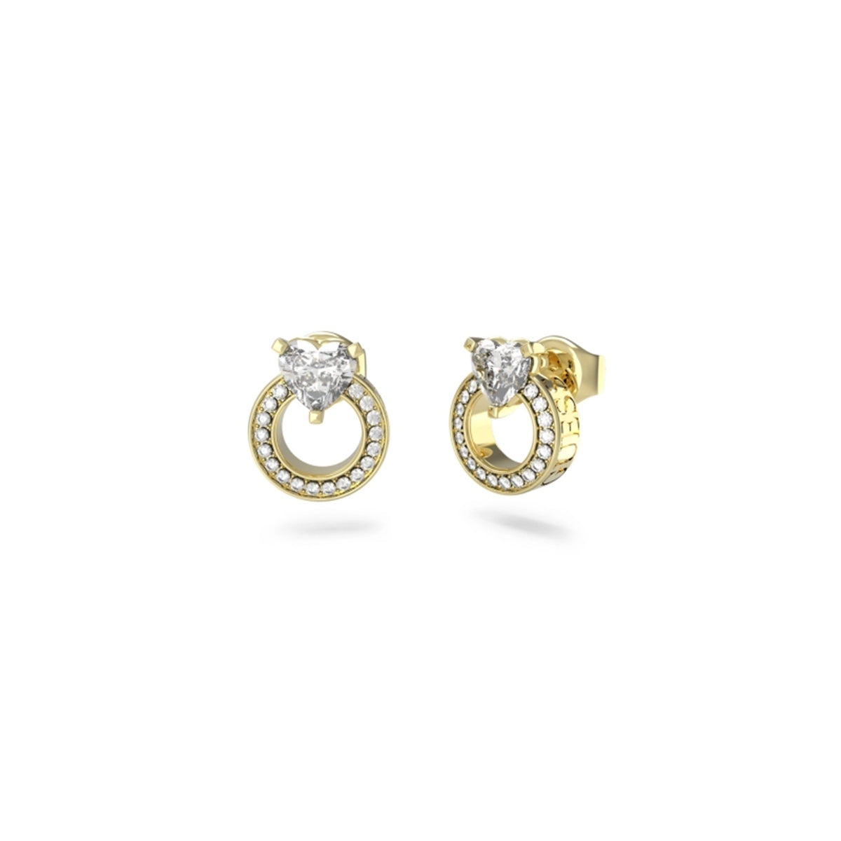 Gold and silver earrings from GUESS JEWELS JEWELRY Mod. JUBE04664JWYGT-U featuring circular design and sparkling stones.