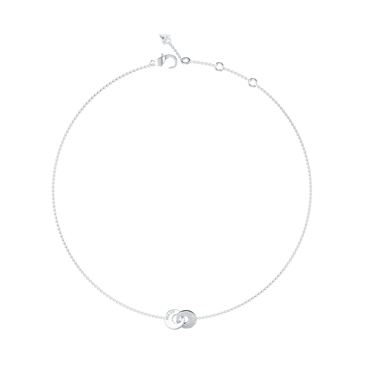 Delicate silver necklace featuring GUESS JEWELS JEWELRY Mod. JUBN05219JWRHT-U design with elegant linked circle accents.