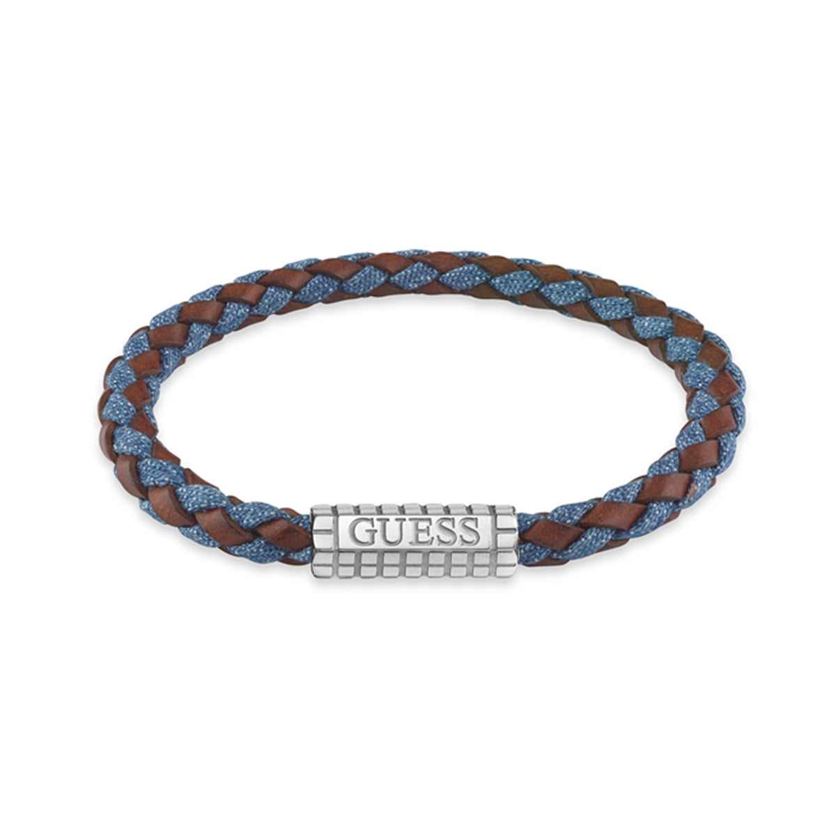 Alt Tag: GUESS JEWELS JEWELRY Mod. JUMB05036JWSTBMS brown and blue braided bracelet with metal clasp