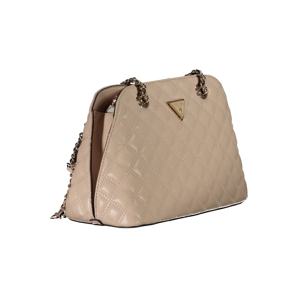 Guess Jeans Beige Polyethylene Handbag with handles and chain strap, featuring external pocket, multiple compartments, and protective feet.