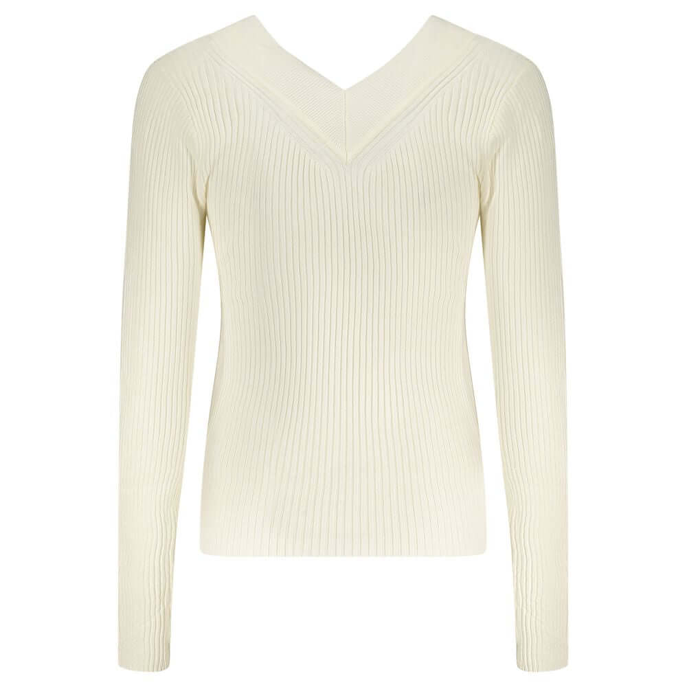 Guess Jeans White Viscose Sweater with V-neck and contrasting logo details.