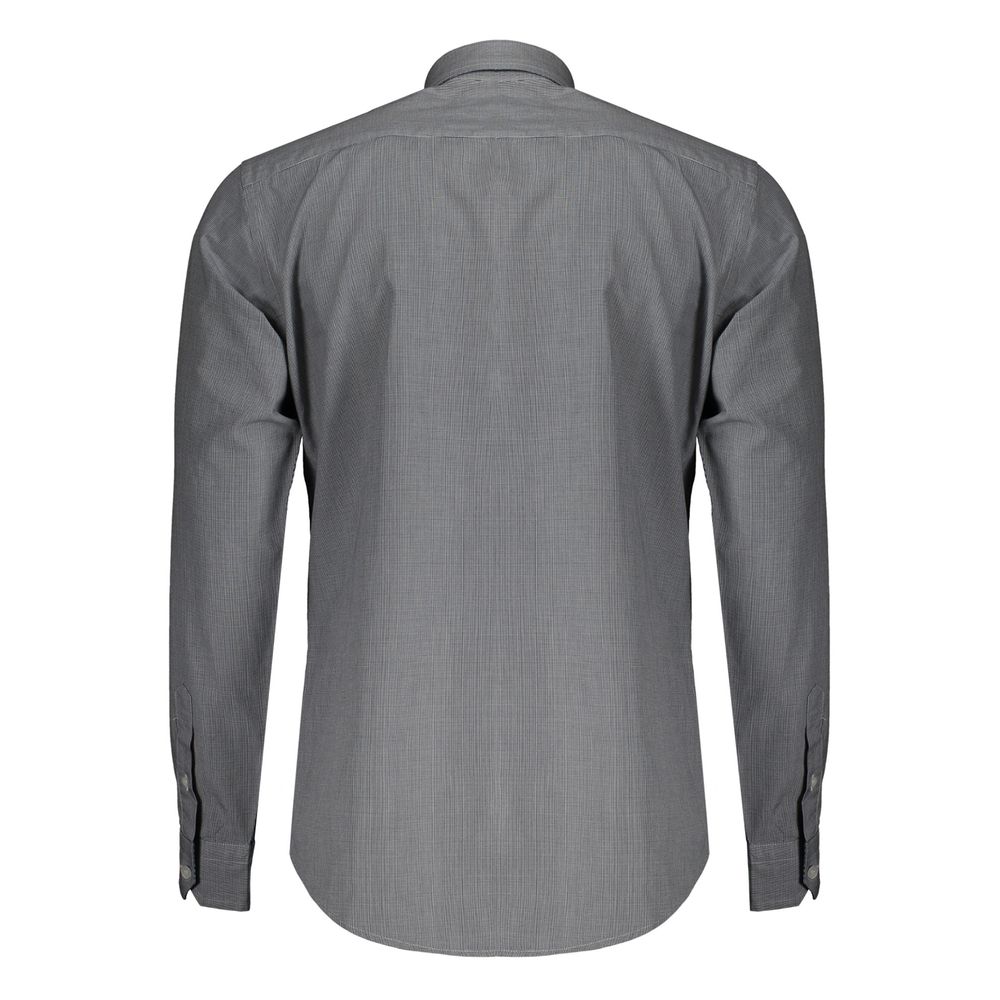 Back view of Harmont & Blaine Blue Cotton Shirt, checked long sleeve, narrow fit, French collar, featuring organic cotton fabric.