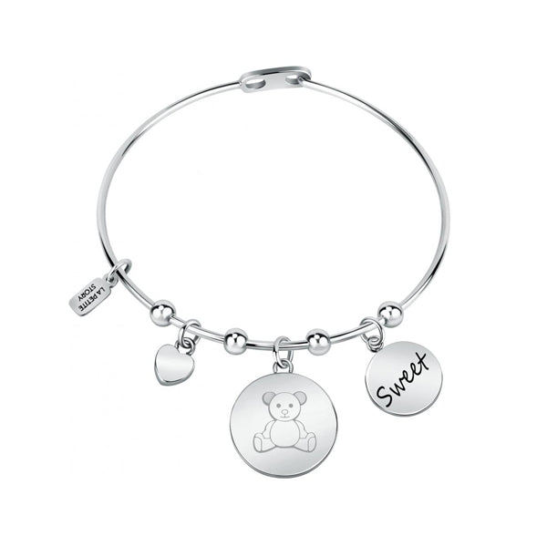 LA PETITE STORY JEWELRY Mod. LPS05ASF28 silver bracelet with charms including a teddy bear, heart, and 'Sweet' engraving.