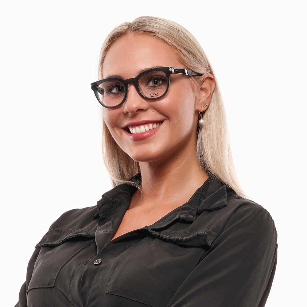 Woman wearing Lozza Green Women Glasses Frame with round full-rim style and plastic material.