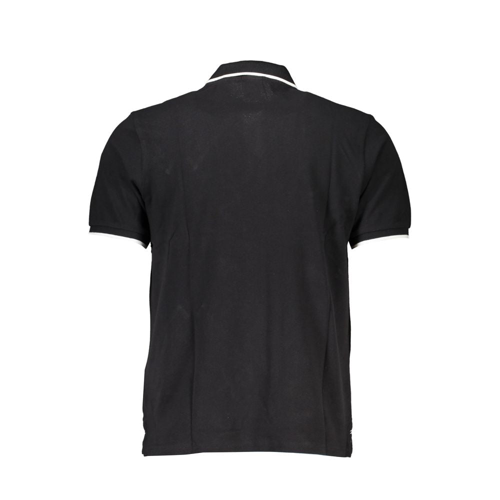 Back view of North Sails Black Cotton Polo Shirt featuring short sleeves, two buttons, contrast details, print, and logo.