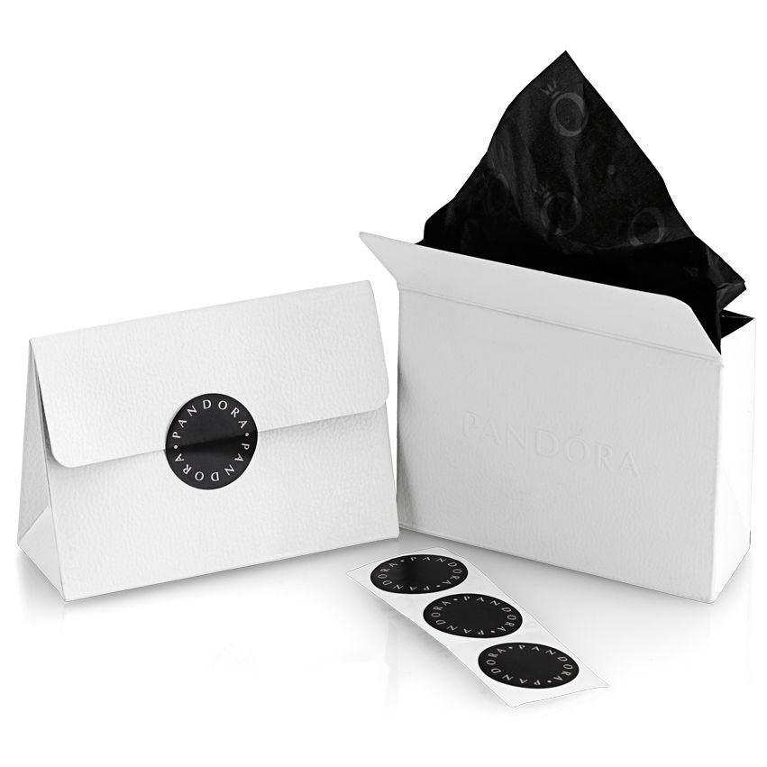 Official packaging box for PANDORA Mod. 763343C01 cufflinks with black tissue paper and stickers, showcasing elegant presentation.