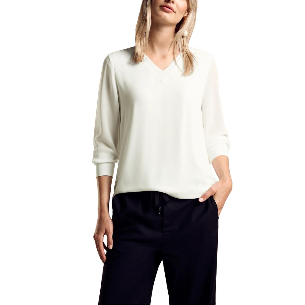 Street One White Viscose Blouse with splitneck, short-sleeves and rolled cuffs for a casual polished look, ideal for summer days.