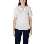 Street One White Viscose Blouse with splitneck, short-sleeves and rolled cuffs for a casual polished look, ideal for summer days.