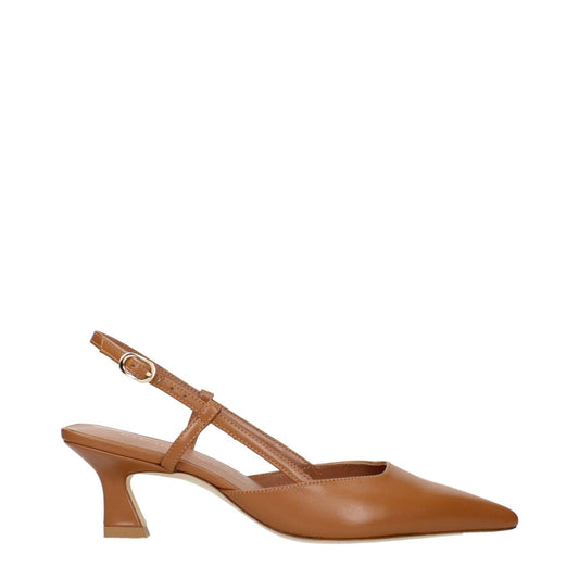 Stuart Weitzman Brown Leather Mid Heel Pumps with sleek design and adjustable strap.