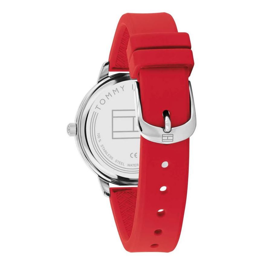 Back view of TOMMY HILFIGER Mod. 1782561 watch with red silicone strap, quartz analog movement, and 3 ATM water resistance.