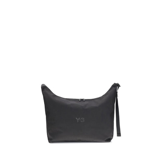 Y-3 Black Polyamide Shoulder Bag with adjustable strap and logo detail, ideal for everyday use, large compartment, minimal style.