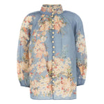 Zimmermann Cascadian Billow Blouse in light blue floral print with mock neck and button fastening, featuring long sleeves and gathered detail.