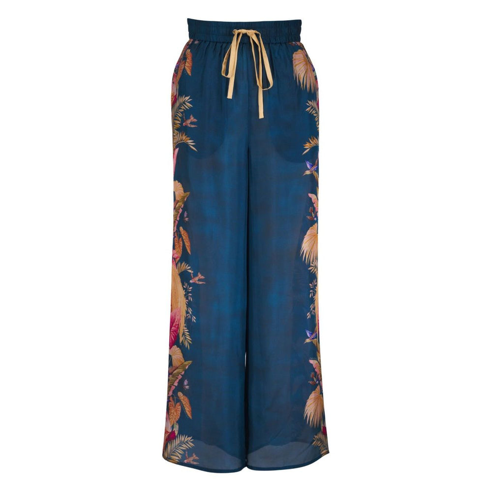 Zimmermann Trousers Blue with floral design, elasticated waistband, drawstring, and side seam pockets made from lightweight Ascension silk.