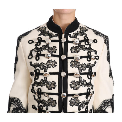 Dolce & Gabbana White Wool Black Floral Baroque Jacket