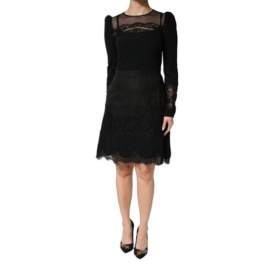 Dolce & Gabbana Black Lace Sheer Panel Midi Long Sleeve Dress