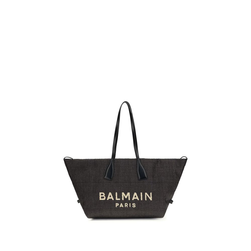 Balmain Black The Track Shoulder Bag In Leather And Raffia