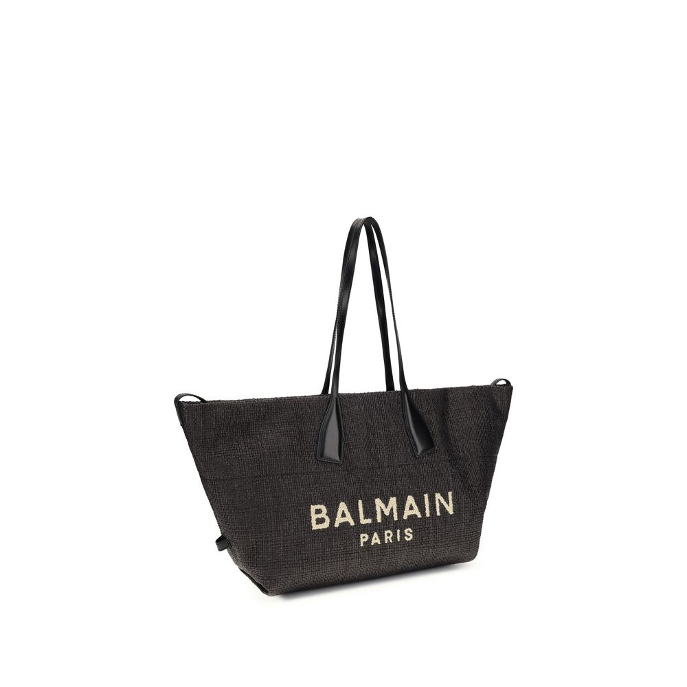 Balmain Black The Track Shoulder Bag In Leather And Raffia
