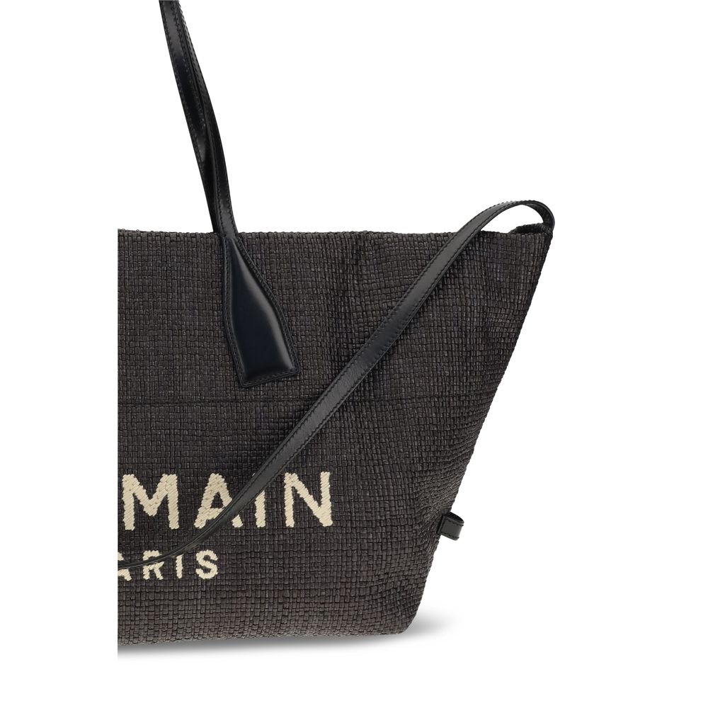 Balmain Black The Track Shoulder Bag In Leather And Raffia