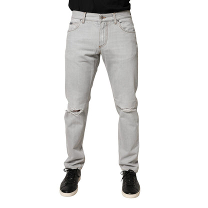 Dolce & Gabbana Light Gray Ripped Cotton Regular Denim Jeans