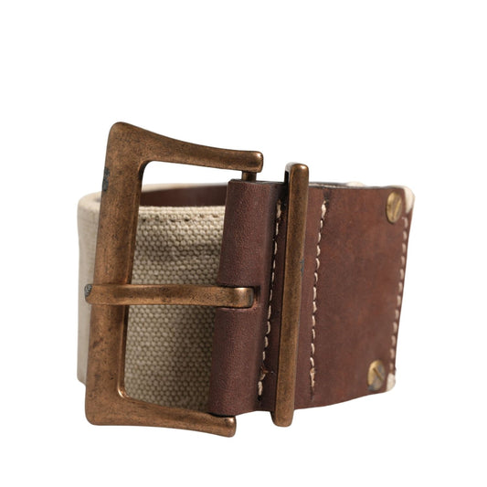 Ermanno Scervino Beige Brown Leather Canvas Metal Buckle Belt