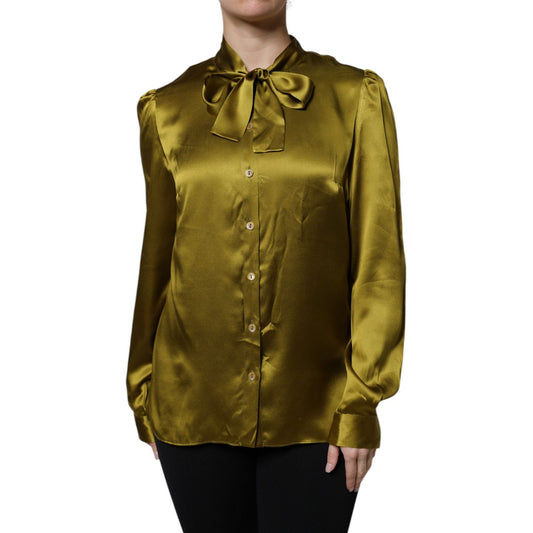 Dolce & Gabbana Green Satin Long Sleeve Ascot Tie Shirt Top