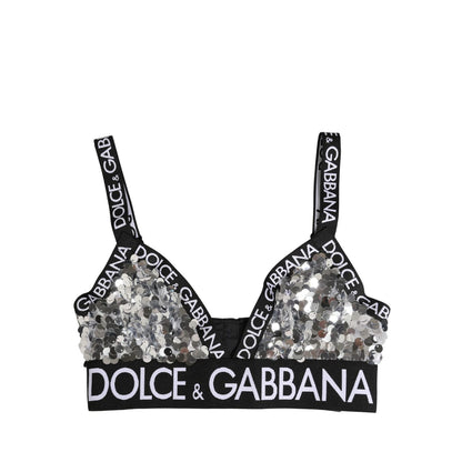 Dolce & Gabbana Silver Sequined Triangle Soft Cup Bra Underwear