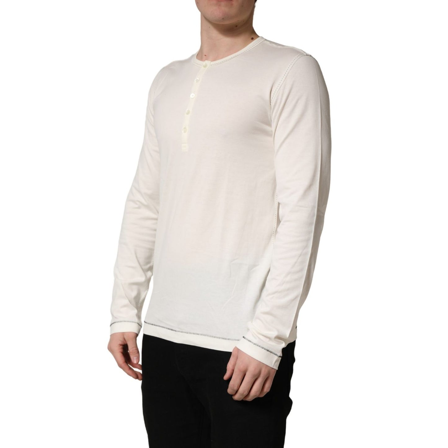 Dolce & Gabbana White Long Sleeves Henley Pullover Sweater