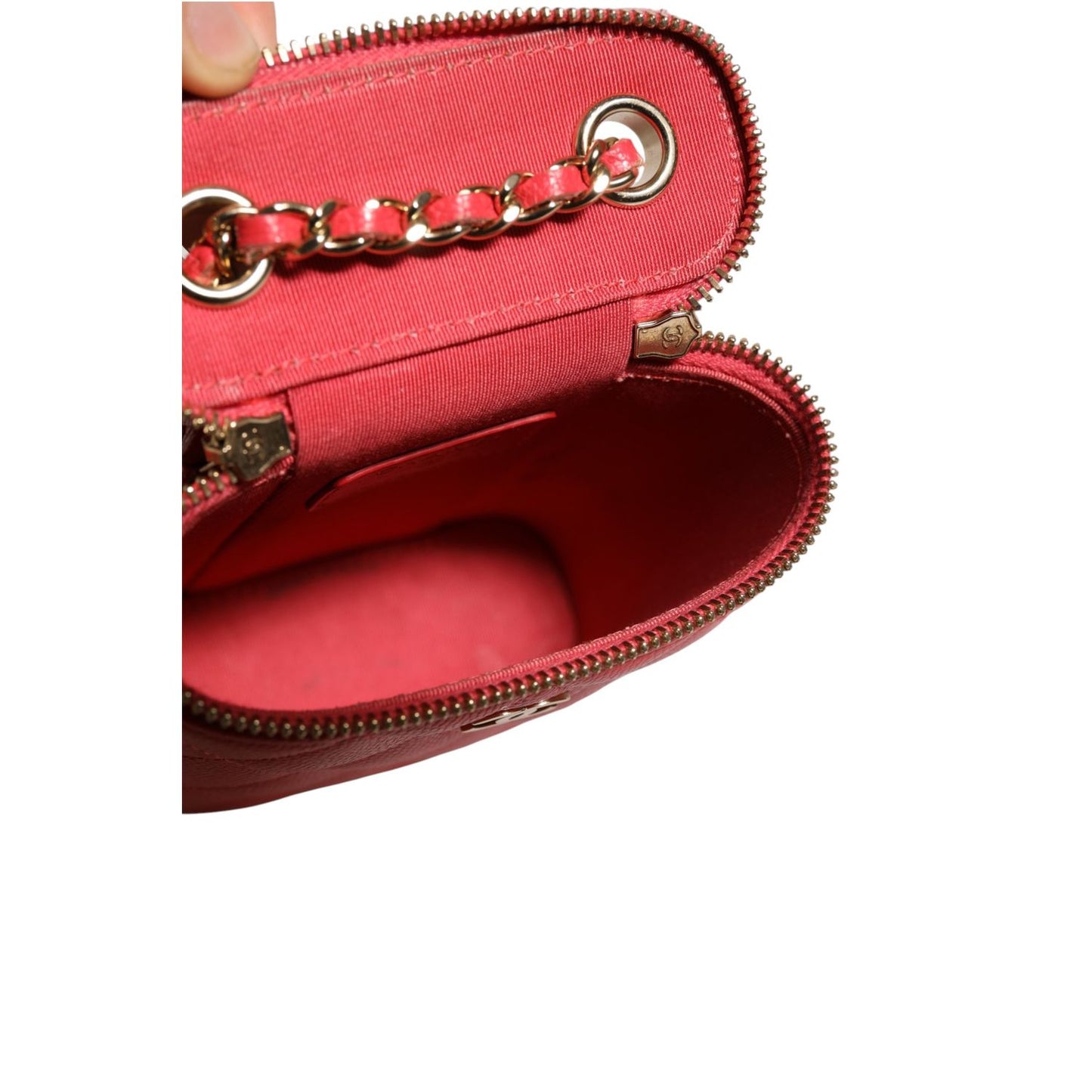 Chanel Red Caviar Quilted Small Vertical Coco Beauty Vanity Case with Chain