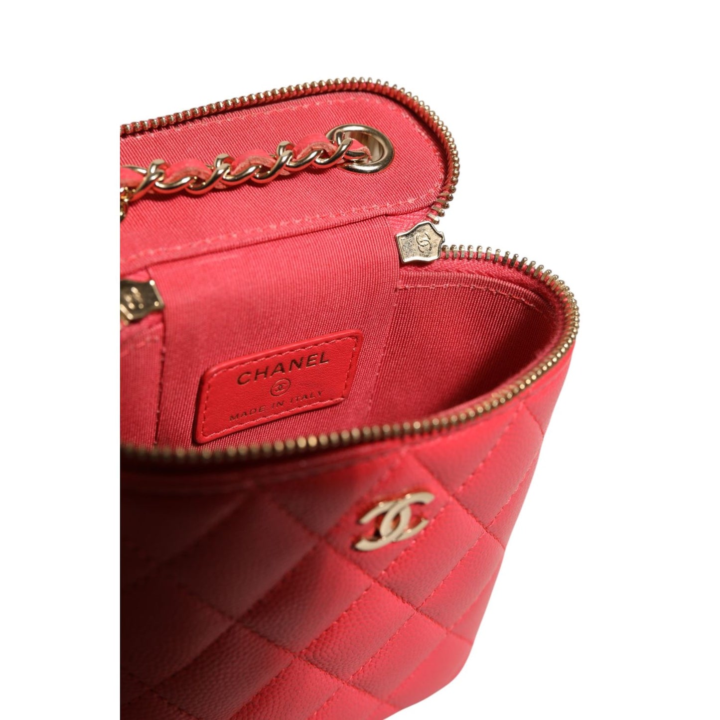 Chanel Red Caviar Quilted Small Vertical Coco Beauty Vanity Case with Chain