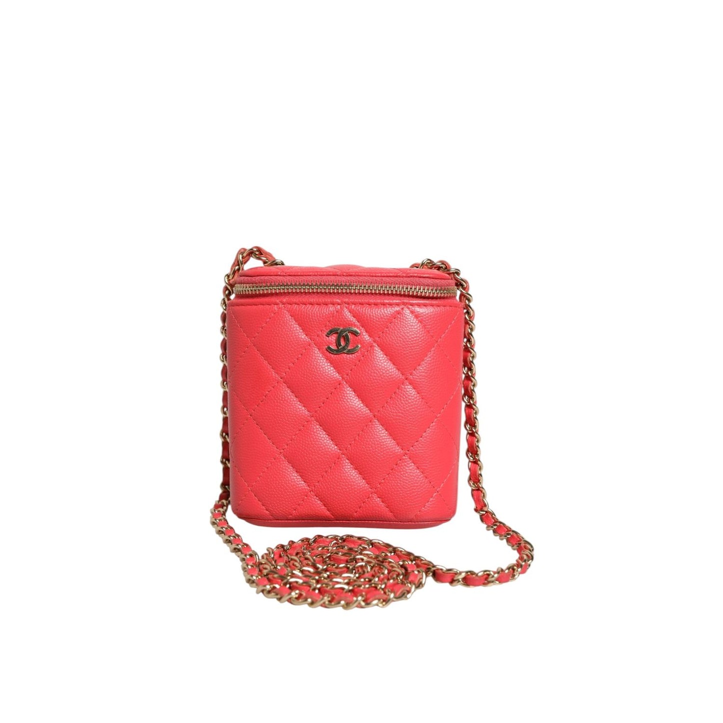Chanel Red Caviar Quilted Small Vertical Coco Beauty Vanity Case with Chain
