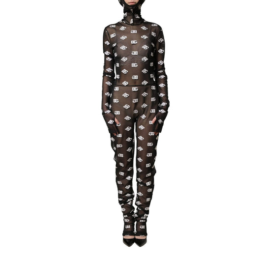 Dolce & Gabbana Black White Logo Print Hooded Jumpsuit Dress