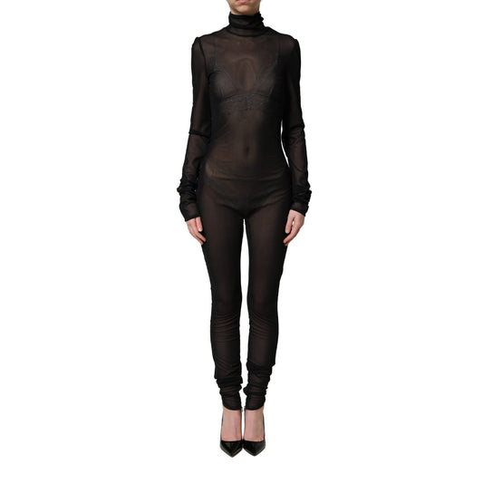 Dolce & Gabbana Black Nylon Sheer Turtleneck Jumpsuit Dress