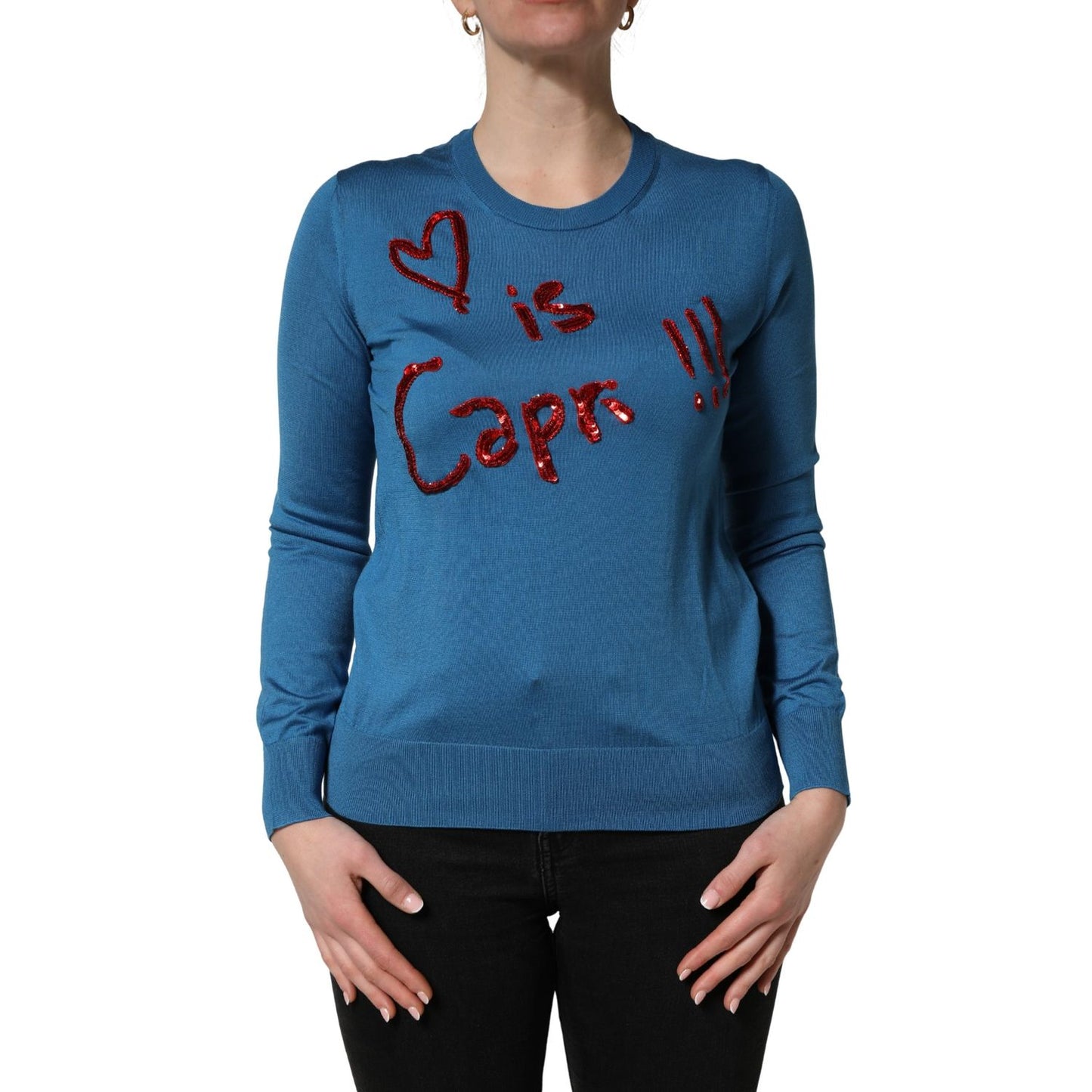 Dolce & Gabbana Blue Silk Sequined CrewNeck Pullover Sweater