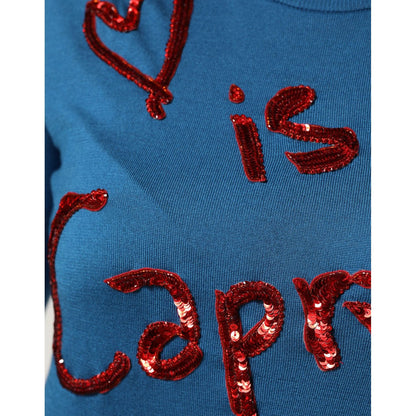 Dolce & Gabbana Blue Silk Sequined CrewNeck Pullover Sweater