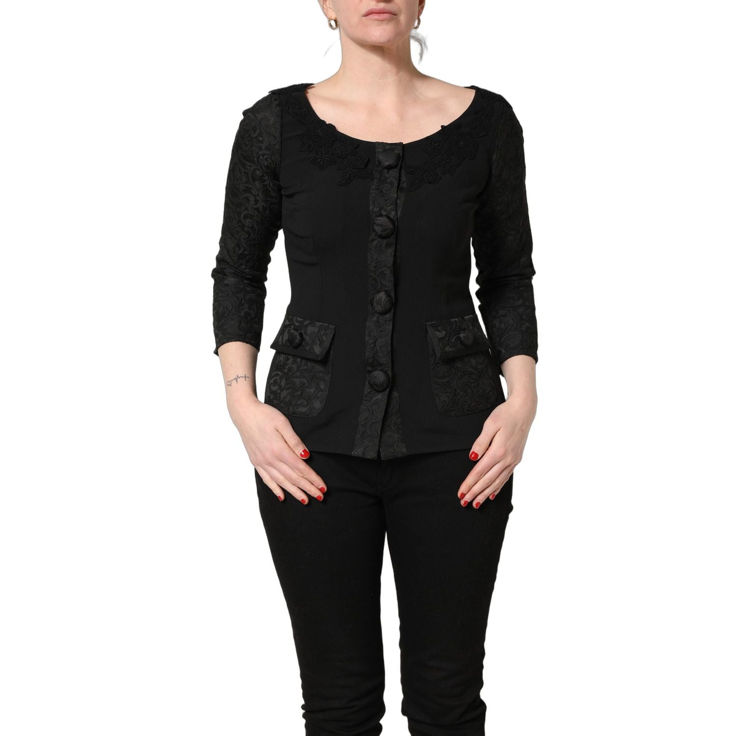 Dolce & Gabbana Dark Gray Button Fastening Lace Trimmed Blazer Jacket