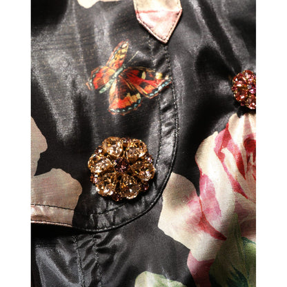 Dolce & Gabbana Black Floral Belted Polyester Trench Coat Jacket