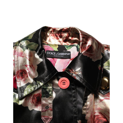 Dolce & Gabbana Black Floral Belted Polyester Trench Coat Jacket