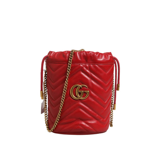 Gucci Red Chevron-quilted Calfskin Leather GG Marmont Bucket Bag