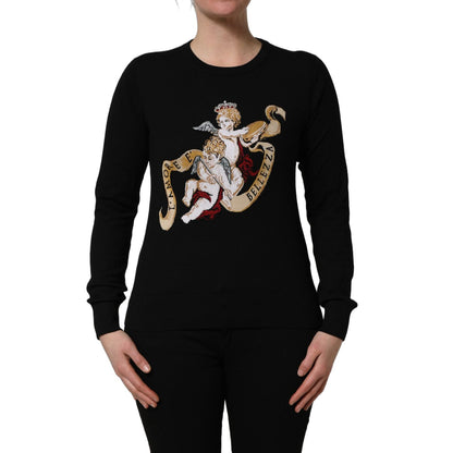 Dolce & Gabbana Black Angels Wool Crew Neck Pullover Sweater