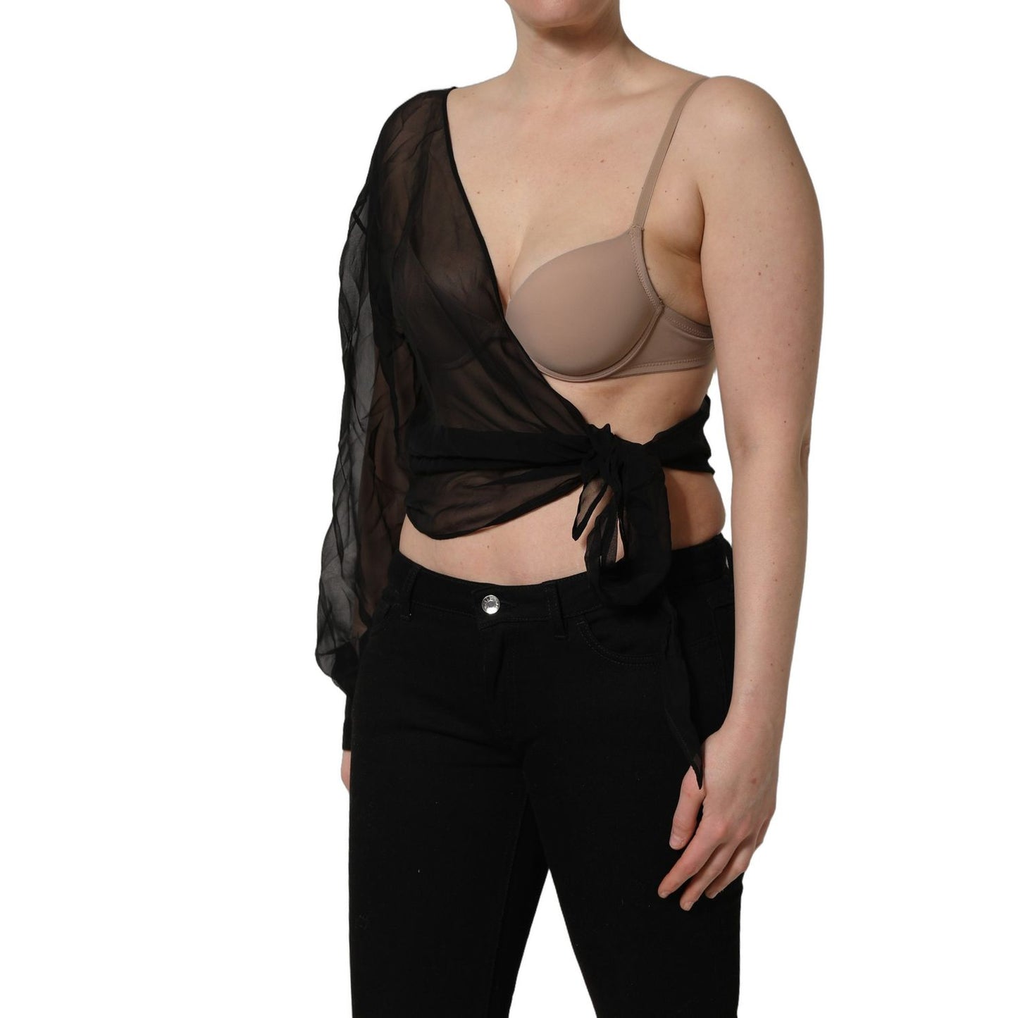 Dolce & Gabbana Black Wrap Sheer Chiffon One Shoulder Top