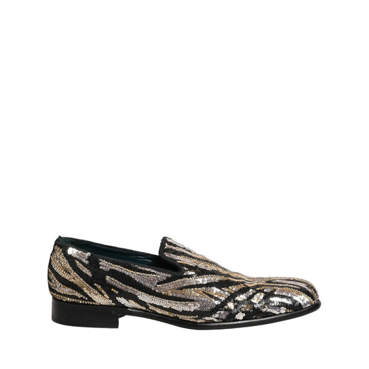 Dolce & Gabbana Gold Striped Sequin Embellished Loafer Shoes