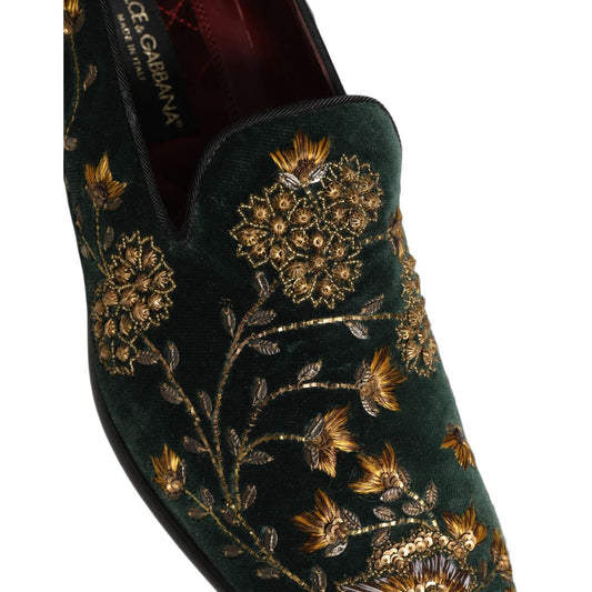Dolce & Gabbana Green Floral Embroidery Dress Loafers Shoes