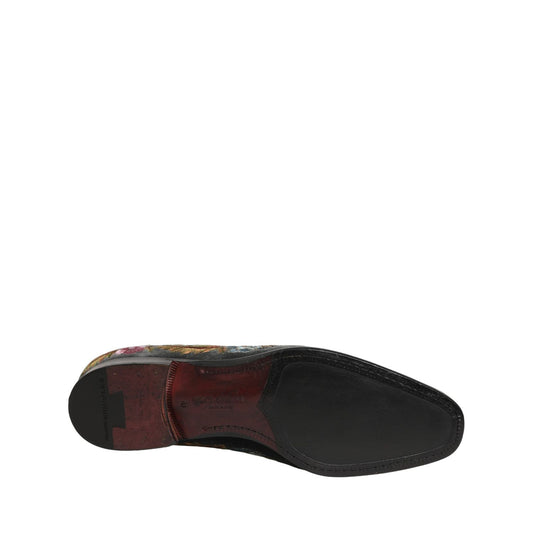 Dolce & Gabbana Black Velvet Floral Embroidery Loafers Shoes