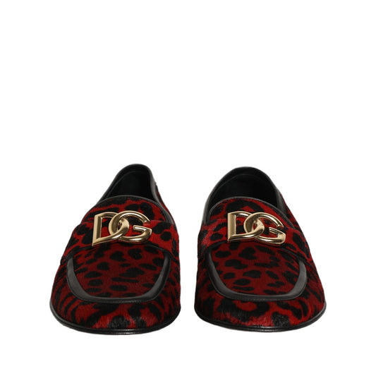 Dolce & Gabbana Red Leopard Print Pony Hair Dress Loafers Shoes